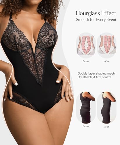 Lace Shapewear Bodysuit Tummy Control Corset Tops for Women V Neck Sleeveless Body Suit Thongs