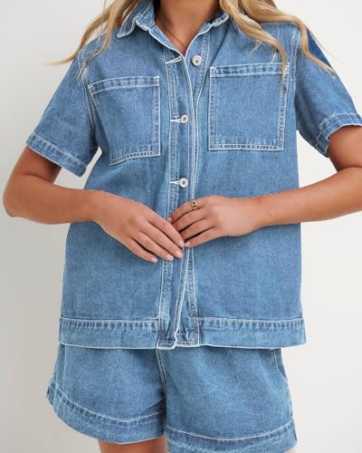 41JQyCP1I7L.jpg Summer Denim Set for Women 2 piece Casual Short Sleeve Boxy Shirt Tops and Shorts Pants Lounge Sets Outfits
