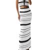 Womens 2 Piece Sets Summer Striped Crochet Knit Coverup Sleeveless Button Crop Tank Top Bodycon Maxi Skirt