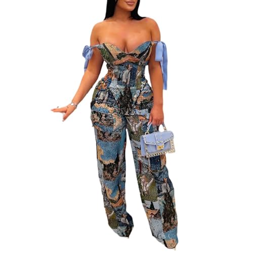 41LBiZH45xL.jpg Sexy 2 Piece Sets for Women Print Sleeveless Croset Top and Wide Leg Pants with Multi-Pocket Summer Vacation Outfits