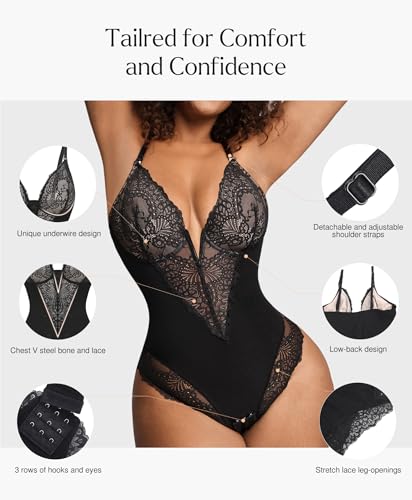 Lace Shapewear Bodysuit Tummy Control Corset Tops for Women V Neck Sleeveless Body Suit Thongs