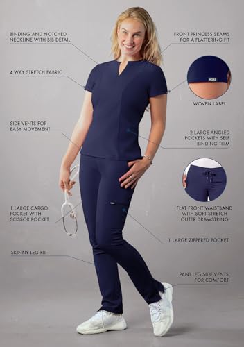 Adar Addition Go-Higher Scrub Set for Women - Notched V-Neck Scrub Top & Skinny Cargo Scrub Pants