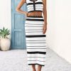 Womens 2 Piece Sets Summer Striped Crochet Knit Coverup Sleeveless Button Crop Tank Top Bodycon Maxi Skirt