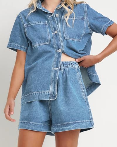 41QTJPCftRL.jpg Summer Denim Set for Women 2 piece Casual Short Sleeve Boxy Shirt Tops and Shorts Pants Lounge Sets Outfits