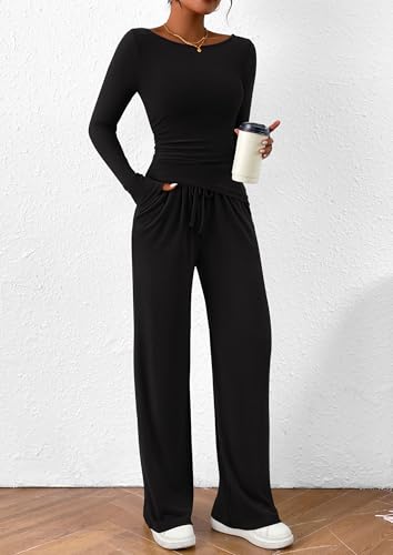 Women's 2 Piece Lounge Sets Asymmetrical Long Sleeve T Shirt Wide Leg Pants Casual Outfits Tracksuit