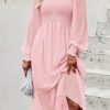 Women's Fall Dresses 2025 Long Sleeve V Neck Swiss Dot Empire Waist Chiffon Dress Ruffle Smocked Midi Dresses