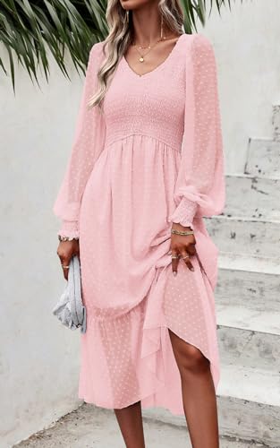 Women's Fall Dresses 2025 Long Sleeve V Neck Swiss Dot Empire Waist Chiffon Dress Ruffle Smocked Midi Dresses