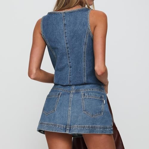 Women's 2 Piece Denim Outfits Tie Up Sleeveless Top Shorts Set Tracksuit Y2k Two Piece Jeans Set Vacation Outfits