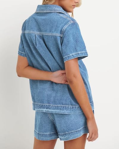 41aYdpc0pL.jpg Summer Denim Set for Women 2 piece Casual Short Sleeve Boxy Shirt Tops and Shorts Pants Lounge Sets Outfits