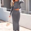 Women's Spring Fall 2 Piece Sweater Set Rib Knit Long Sleeve Crop Top Maxi Bodycon Skirt Casual Winter Outfits
