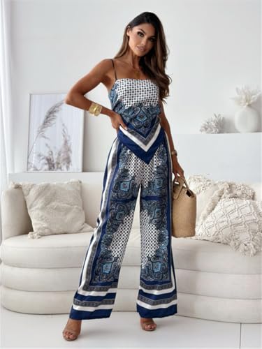 Womens Paisley Print 2 Piece Outfits Sleeveless Cami Top Going Out Wide Leg Pants Boho Summer Beach Vacation Set