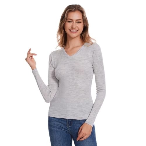 Merino Wool Base Layer Women 100% Merino Wool Long Sleeve Thermal Shirts for Women for Skiing Hiking Womens V Neck Top