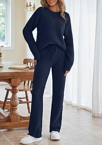 Womens Fuzzy Fleece Long Sleeve 2 Piece Loungewear Outfits Sweater Pants Pajama Sets