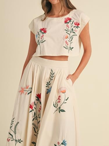 Women Floral Embroidery Dress Sleeveless 2 Piece Tank Top and Skirt Loose Fit Boho Dress