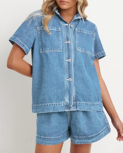 41i2onCEtPL.jpg Summer Denim Set for Women 2 piece Casual Short Sleeve Boxy Shirt Tops and Shorts Pants Lounge Sets Outfits