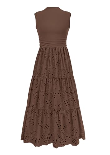 Summer Dresses for Women 2025 Casual Eyelet Sleeveless Wedding Guest Maxi Dress Tank Top Sundress with Pockets