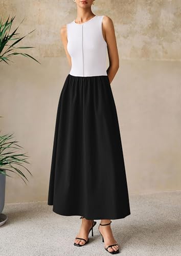 Maxi Dresses for Women Summer 2025 Casual Sleeveless Patchwork Flowy Vacation Beach Sundress Knit Tank Dress