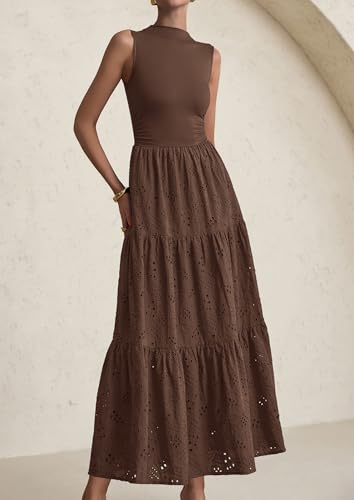 Summer Dresses for Women 2025 Casual Eyelet Sleeveless Wedding Guest Maxi Dress Tank Top Sundress with Pockets