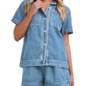 Summer Denim Set for Women 2 piece Casual Short Sleeve Boxy Shirt Tops and Shorts Pants Lounge Sets Outfits