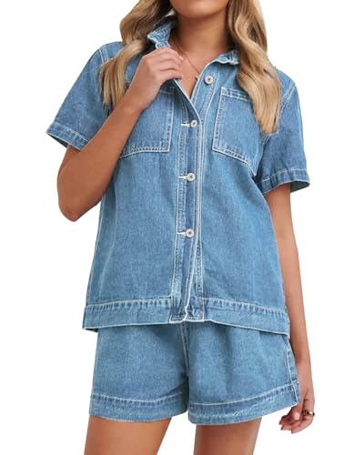 41rvlr7MPL.jpg Summer Denim Set for Women 2 piece Casual Short Sleeve Boxy Shirt Tops and Shorts Pants Lounge Sets Outfits