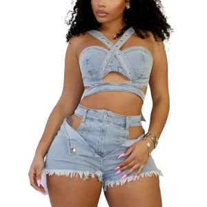 Womens Sexy Denim 2 Piece Outfit Stretchy Crop Tank Top Bodycon Shorts Set Hollow Out Jean Vest Club Tracksuit Summer