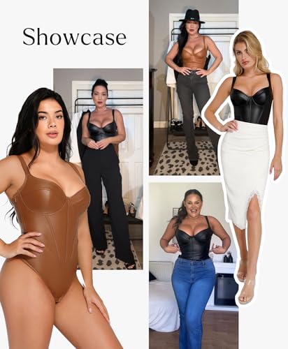Leather Corset Bodysuit for Women Tummy Control V Neck Thong Shapewear Sleeveless Body Suit Trendy Tops