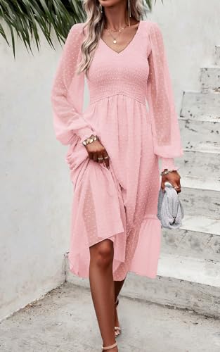 Women's Fall Dresses 2025 Long Sleeve V Neck Swiss Dot Empire Waist Chiffon Dress Ruffle Smocked Midi Dresses