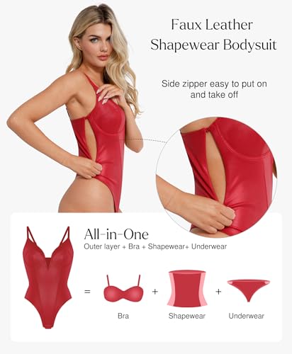 Body Suits for Womens Tummy Control - Faux Leather Bodysuit Deep V Neck Thong Sleeveless Corset Tank Top