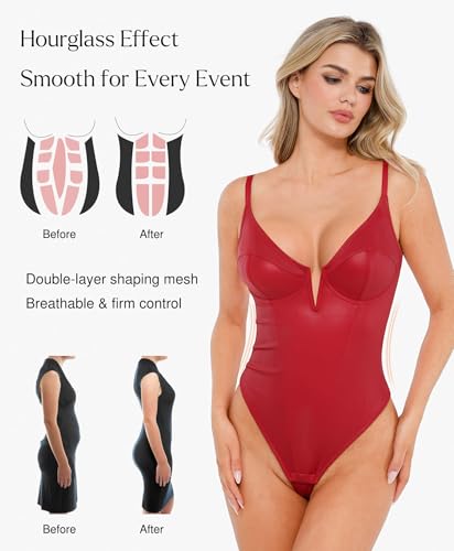 Body Suits for Womens Tummy Control - Faux Leather Bodysuit Deep V Neck Thong Sleeveless Corset Tank Top