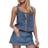 Women's 2 Piece Denim Outfits Tie Up Sleeveless Top Shorts Set Tracksuit Y2k Two Piece Jeans Set Vacation Outfits