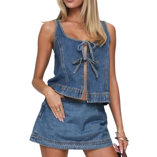 Women's 2 Piece Denim Outfits Tie Up Sleeveless Top Shorts Set Tracksuit Y2k Two Piece Jeans Set Vacation Outfits