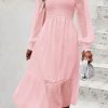 Women's Fall Dresses 2025 Long Sleeve V Neck Swiss Dot Empire Waist Chiffon Dress Ruffle Smocked Midi Dresses