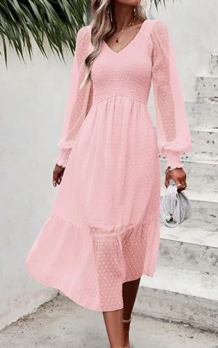Women's Fall Dresses 2025 Long Sleeve V Neck Swiss Dot Empire Waist Chiffon Dress Ruffle Smocked Midi Dresses