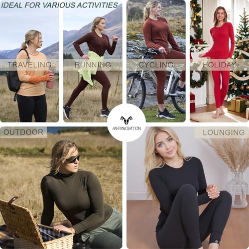 Merino Wool Base Layer Women 100% Merino Wool Long Sleeve Thermal Shirts for Women for Skiing Hiking Womens V Neck Top
