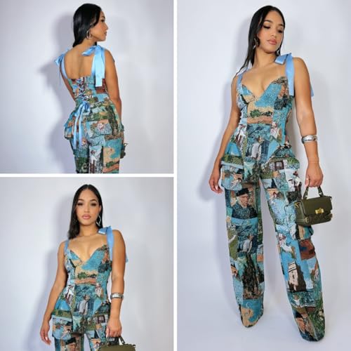 518xebydrjL.jpg Sexy 2 Piece Sets for Women Print Sleeveless Croset Top and Wide Leg Pants with Multi-Pocket Summer Vacation Outfits