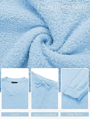 51Fegl-zyYL.jpg Women's 2 Piece Outfits Fuzzy Fleece Pajama Set Long Sleeve Top Wide Leg Pants Loungewear