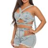 Womens Sexy Denim 2 Piece Outfit Stretchy Crop Tank Top Bodycon Shorts Set Hollow Out Jean Vest Club Tracksuit Summer