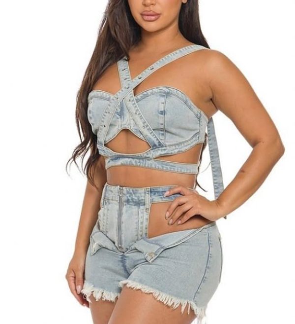 Womens Sexy Denim 2 Piece Outfit Stretchy Crop Tank Top Bodycon Shorts Set Hollow Out Jean Vest Club Tracksuit Summer