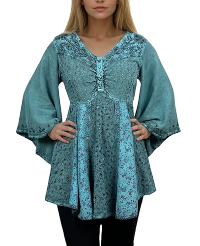 2025 Summer 3/4 Bell Sleeve V Neck Embellishment Bohemian Tops - Sequin Beaded Flared Vintage Women's Blouses