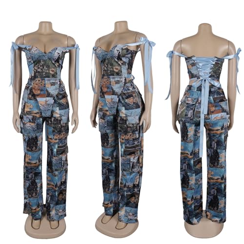 51p827rfpQL.jpg Sexy 2 Piece Sets for Women Print Sleeveless Croset Top and Wide Leg Pants with Multi-Pocket Summer Vacation Outfits