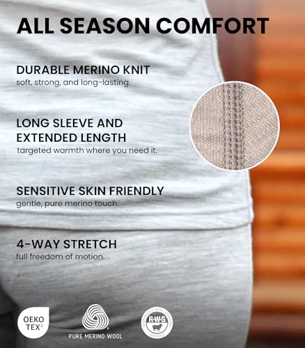 Merino Wool Base Layer Women - 100% Merino Wool Heavyweight, Midweight, Lite Long Sleeve Thermal Shirt and Socks