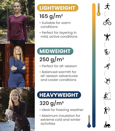 Merino Wool Base Layer Women - 100% Merino Wool Heavyweight, Midweight, Lite Long Sleeve Thermal Shirt and Socks