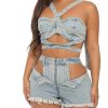 Womens Sexy Denim 2 Piece Outfit Stretchy Crop Tank Top Bodycon Shorts Set Hollow Out Jean Vest Club Tracksuit Summer