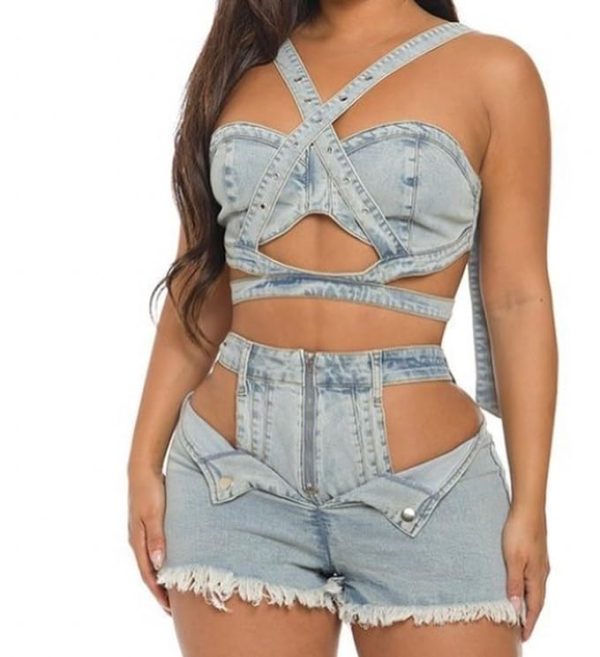 Womens Sexy Denim 2 Piece Outfit Stretchy Crop Tank Top Bodycon Shorts Set Hollow Out Jean Vest Club Tracksuit Summer